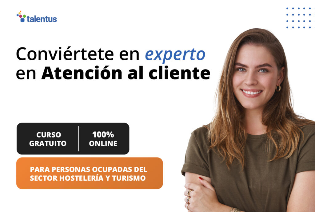 mujer con anuncio sobre curso online gratuito del SEPE de atención al cliente