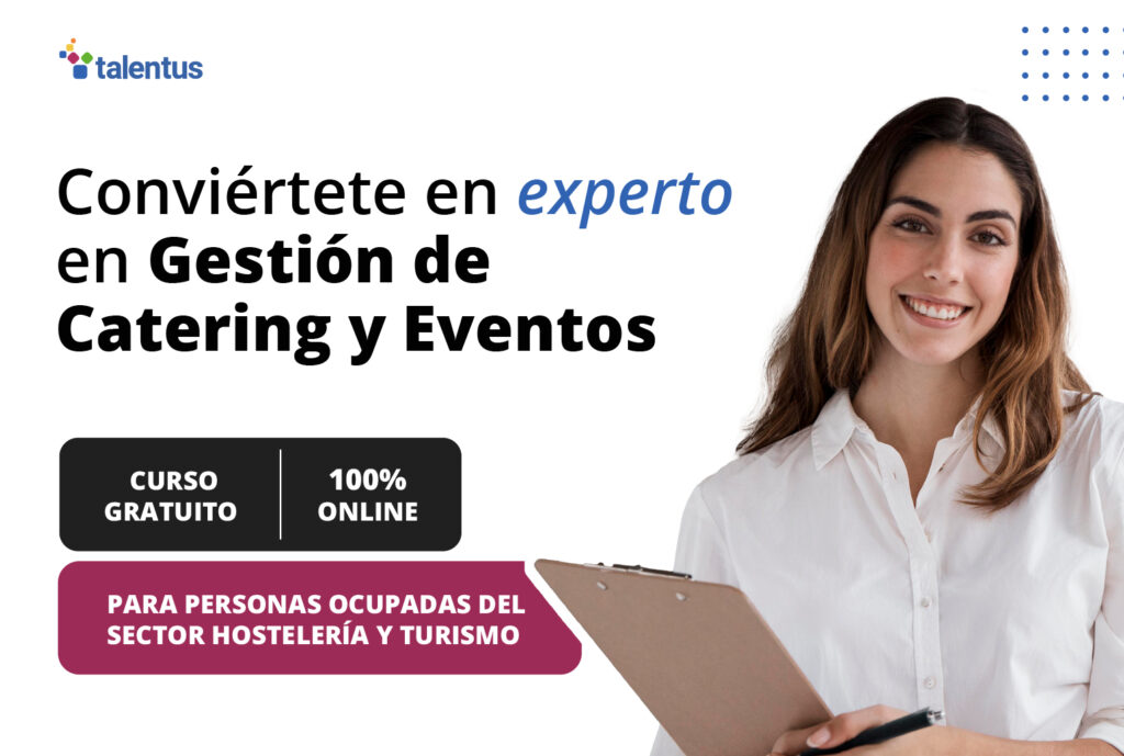 Mujer informando sobre un curso gratuito online sobre gestión de catering y eventos