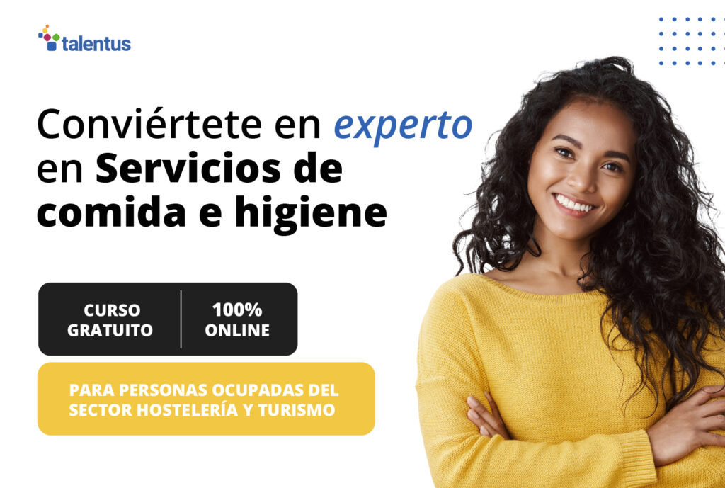 Persona comunicando curso online gratuito del SEPE sobre servicios de comida e higiene