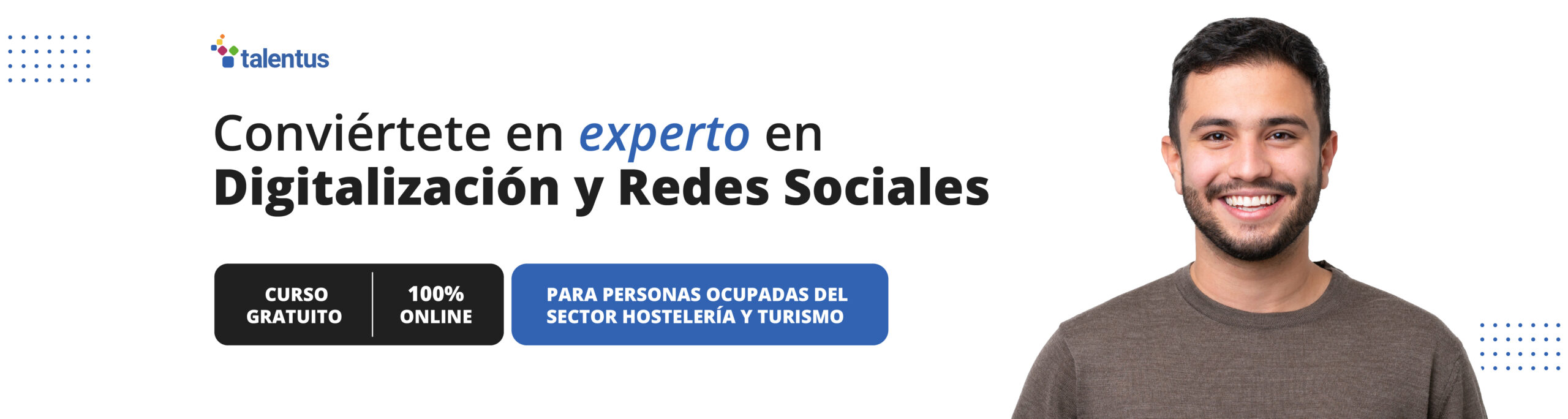 persona sonriendo y con información sobre cursos gratuitos SEPE de digitalización y redes sociales