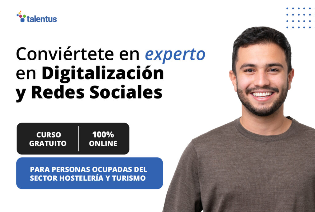 persona mirando al frente y con información sobre cursos gratuitos SEPE de digitalización y redes sociales