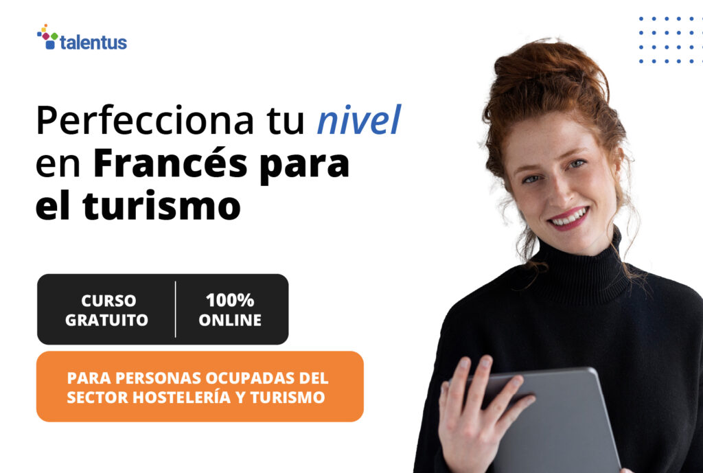 mujer pelirroja al lado de información sobre curso gratuito del SEPE online de francés para el turismo