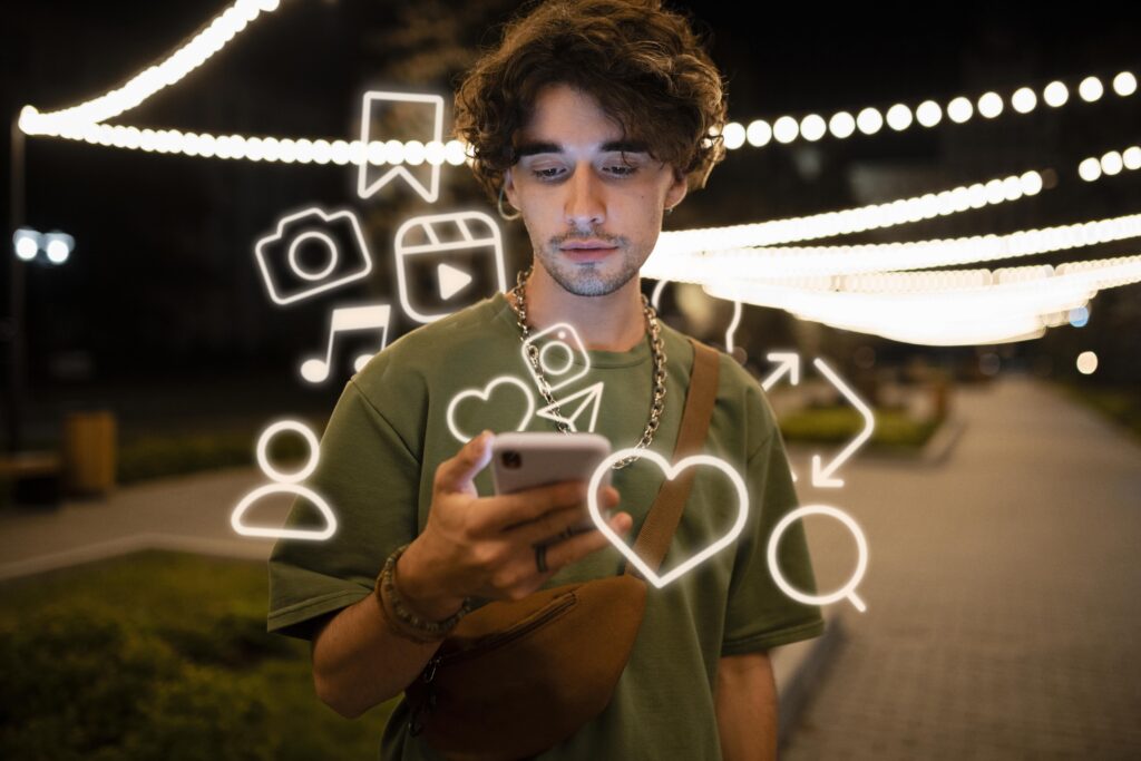 joven usando móvil por la noche