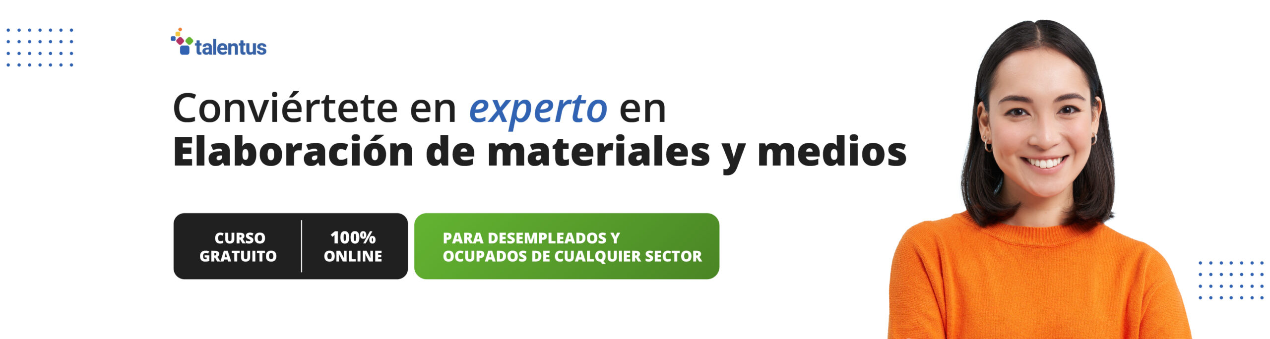 mujer comunicando información sobre curso gratis de elaboración de materiales y medios, curso de SEPE, online