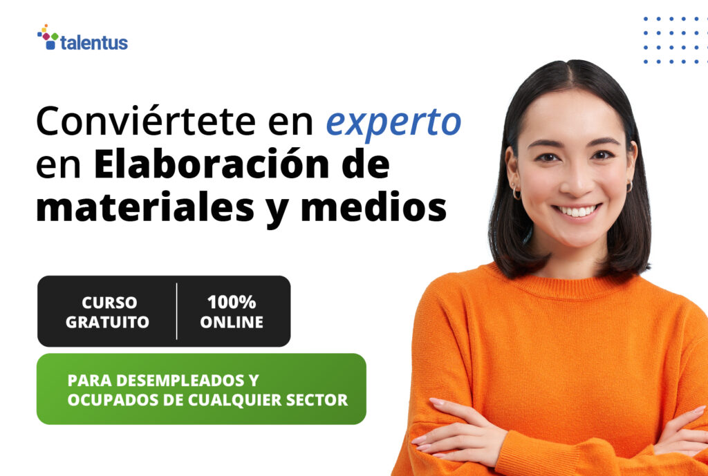 mujer comunicando información sobre curso gratis de elaboración de materiales y medios, curso de SEPE, online