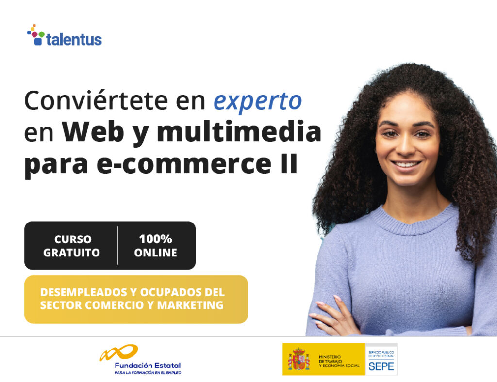 cartel de curso Web y multimedia para e-commerce ii del SEPE, gratuito y online